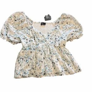 Teal Studio Floral Smocked Blouse Women’s XL Puff Sleeve Cottagecore